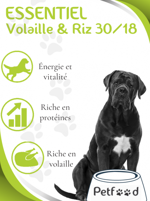 Croquettes Essentiel Volaille et Riz 30/18 Low Grain Nature Dog 15Kg
